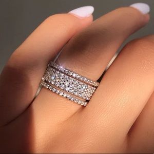 925 sterling silver stacked wide diamond ring